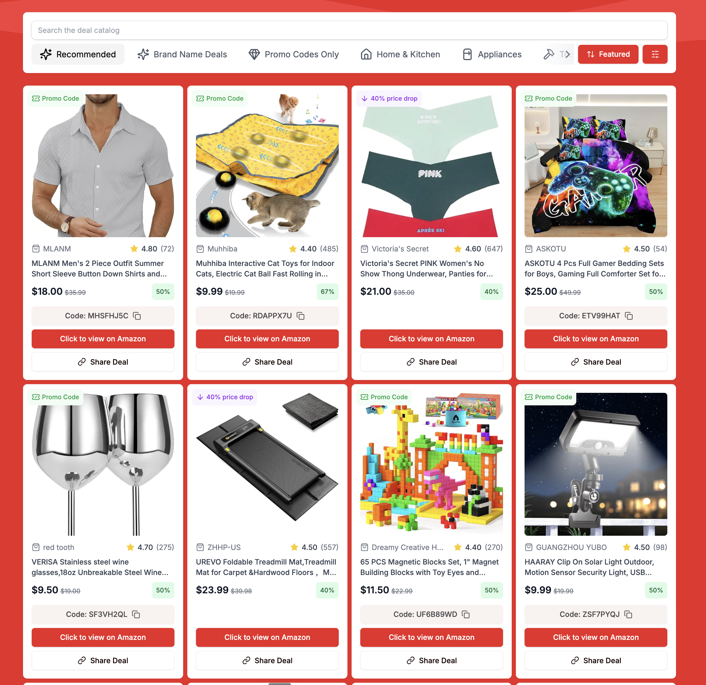 The JoyLink Deal Catalog with filters for price, discount, coupons, promo codes, lightning deals, and categories